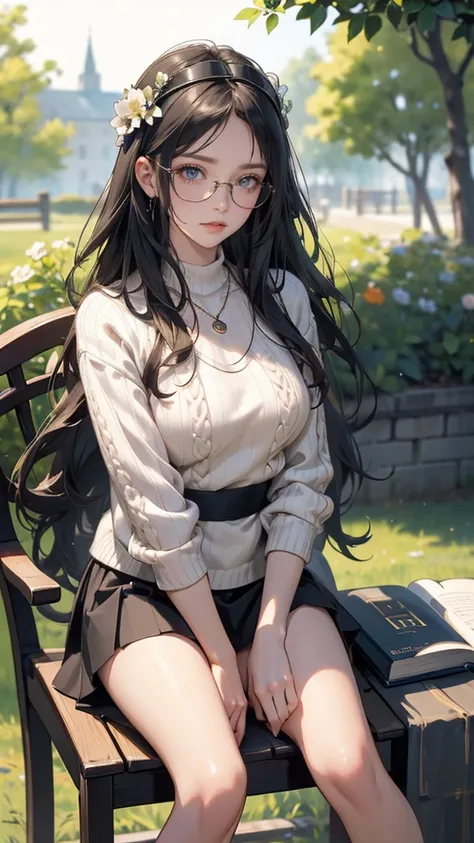 (((random porn pose))),(Highest image quality,(8k),ultra-realistic,best quality, Long Curly hair, black hair, Flower headband, Small breast, wearing Glasses, wearing Diamond neckless, high quality, high definition, high quality texture,high detail,beautifu...