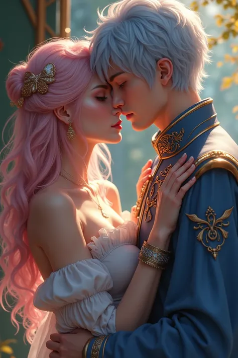  woman with pale blue eyes and long wavy pale pink hair making out with the future emeperor, he have light blue medium hair and red eyes