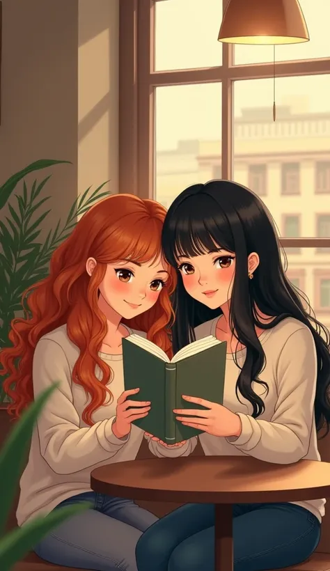  illustration of two seventeen-year-old teenagers sitting in a coffee shop,  one of the girls has very long hair with curlers and reddish color , her eyes are almond-colored ,  her eyes are sweet and lively ,  the other girl has straight and black hair and...