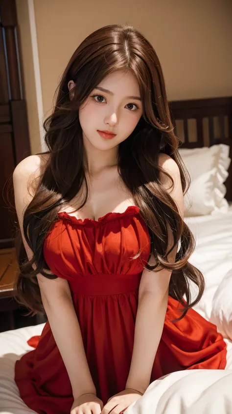   red baby doll  ,Silk material ,frills,Brown Hair,Long Hair,Web Hair,Double Bang Long Hair, Brown Hair,    big breasts at the temple,whole body,  double bang hairstyle ,Web Hair,  bedroom,  bed,Before  ホテルの bed,smile,  bedで寝てる姿,Late Night