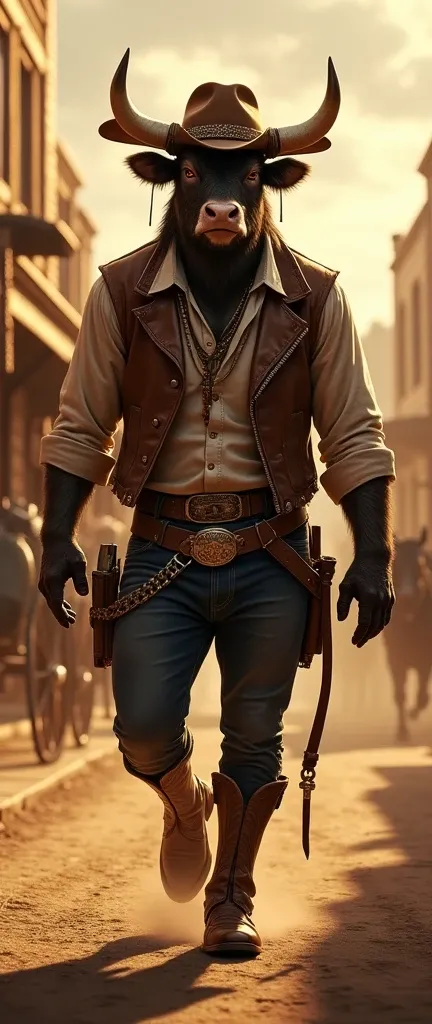 A realistic anthropomorphic bull in a tense and electrifying atmosphere, dressed in typical Old West American attire including a leather vest, cowboy hat, and boots with spurs, walking confidently through a classic Old West town. The town features wooden s...