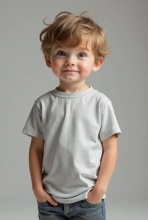  Mockup Caucasian boy modeling basic light gray t-shirt, lisa, of soft texture . The boy is playing while showing the shirt . 