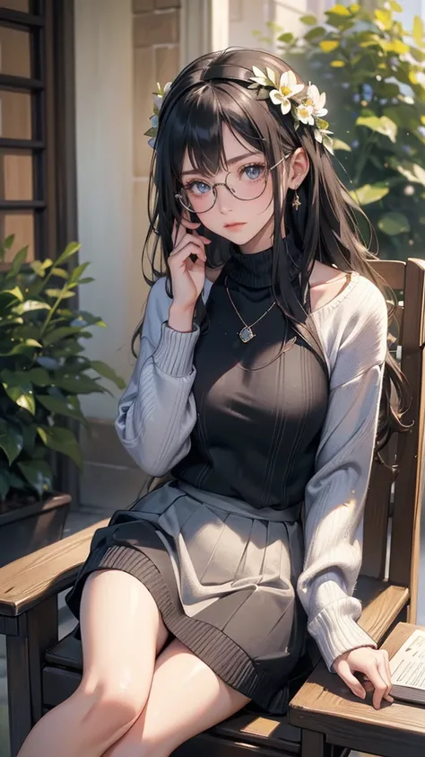 (((random porn pose))),(Highest image quality,(8k),ultra-realistic,best quality, Long Curly hair, black hair, Flower headband, Small breast, wearing Glasses, wearing Diamond neckless, high quality, high definition, high quality texture,high detail,beautifu...