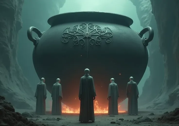 dead men standing in giant pot, No fire around, fantasy hd 3d animated image