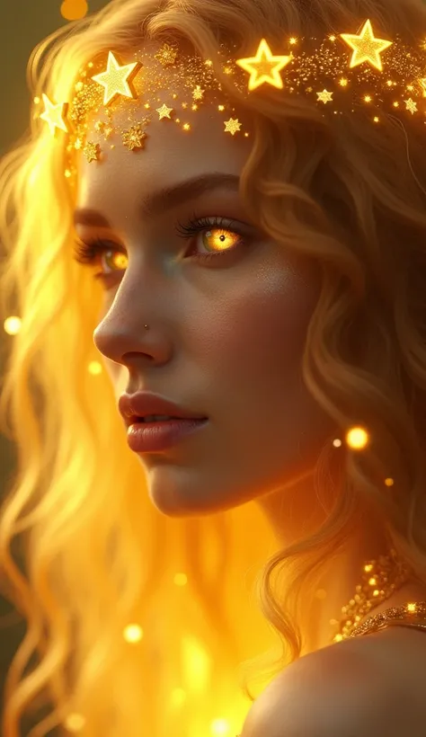 A close-up mystical image of a Leo-inspired woman. Her golden, wavy hair frames her glowing face, while her eyes radiate an ethereal golden light. She wears a crown of stars, and her skin shimmers with soft golden tones. A glowing lion spirit appears in th...