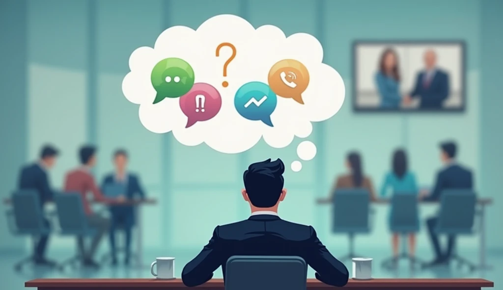 A conceptual image showing a business professional hesitant to attend a meeting, sitting at a desk with a thought bubble displaying instant messaging apps. In the background, a faded image of a virtual business meeting or physical meeting room, symbolizing...