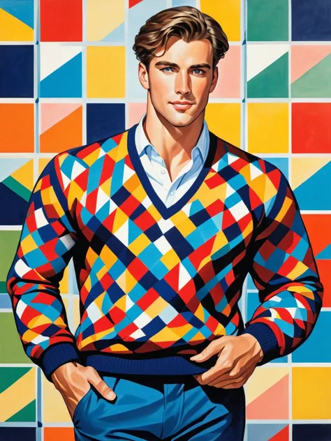 Illustrate a painting of a handsome German man in his twenties wearing a geometric-print sweater, muscular physique