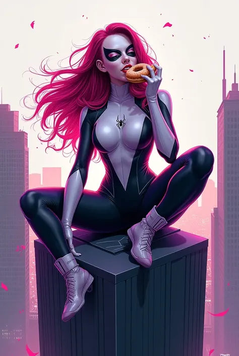  Make the cover of a book with a character that is Spider-Woman ,  make her in a white suit , With details of the color black , purple and pink.  Make her sit on top of a very tall building with her mask covering only her eyes and a little bit of her nose,...