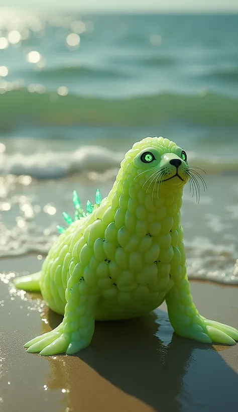 Fusion: The hybrid seal has its body covered with a translucent kiwi shell and seed details on its body, while its eyes glow with the green essence of the fruit. (In a ratio of 9:16) On a quiet beach with shimmering waves