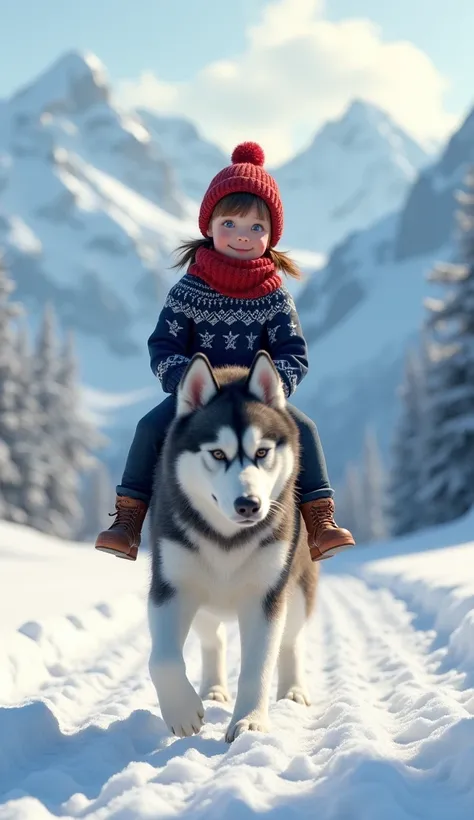 aby in a cozy naviadad sweatshirt sitting on top of a Siberian Husky dog, both walking gently across a snowy landscape . the dog, with confiden