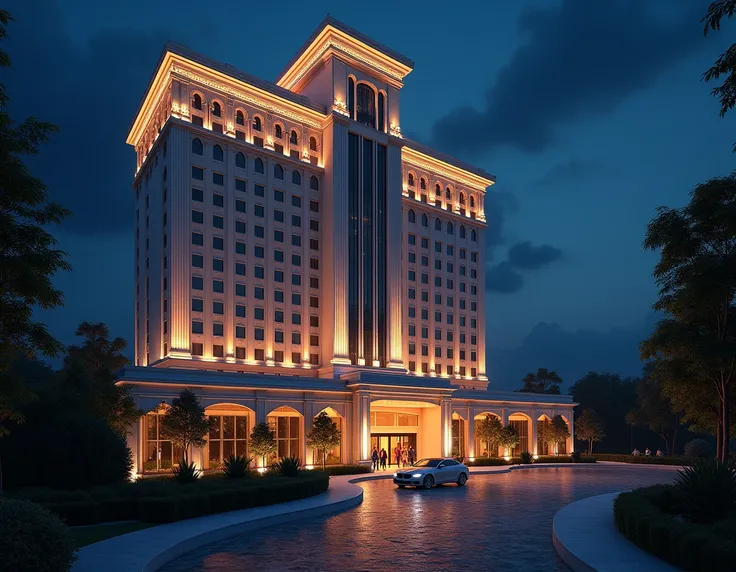  give me a night perspective of a 5-level hotel ,  vegetation , car and people 