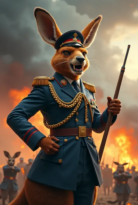 Make a kangaroo dressed as a general shouting angrily to the front with a war in the background 