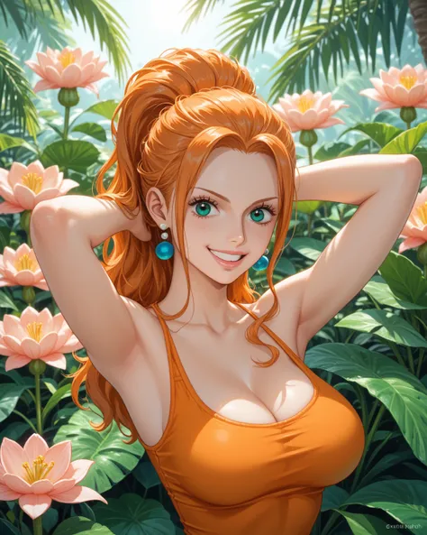 A stunning portrait of Nami (One Piece) on a warm, sun-drenched day on Amazon Lily. She wears a tiny, tight vulgar, string light-orange top, struggling to hold her bust that seems like huge mastasia, and a tiny and tight green short that complements her st...