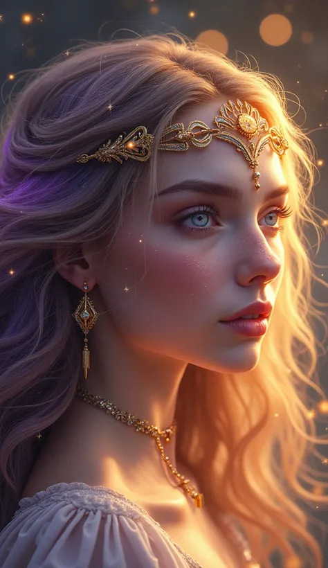 A regal young woman symbolizing Sagittarius in a close-up mystical portrait. Her eyes shine like stars, and her hair flows with golden and purple hues. She wears a delicate headpiece shaped like a bow, and her face glows with celestial light. In the backgr...