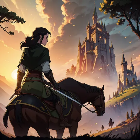 from back view  in the direction of a Huge Castle , A group of adventurers rides through green hills at dawn. Geralt of Rivia leads the way on a brown horse, wearing heavy leather armor, with his sword slung across his back. Next to him is Yennefer, in a f...