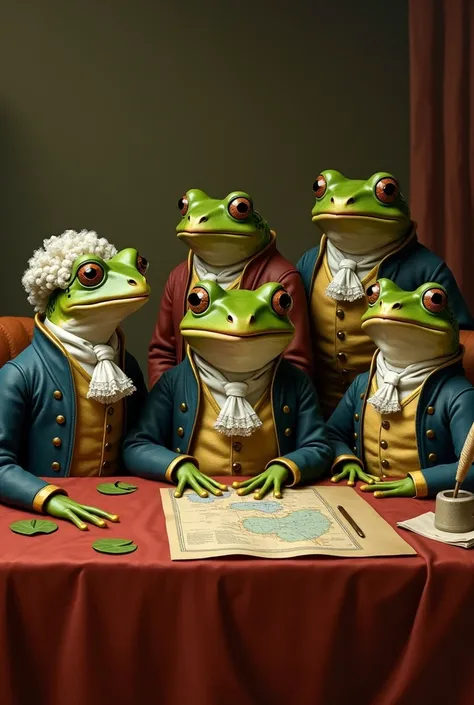 Transforming "Washington and His Cabinet" into an Anthropomorphic Frog Scene

Design a reimagined version of the historical artwork "Washington and His Cabinet," originally depicting George Washington and his cabinet members in a formal 18th-century settin...