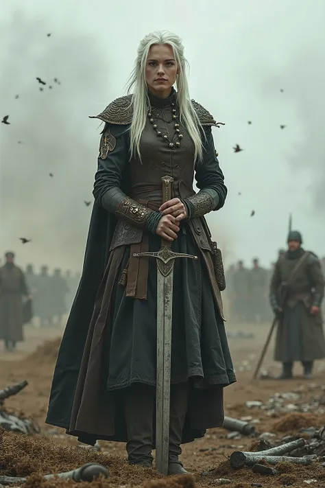 An albino woman in war clothes holding a sword on a battlefield