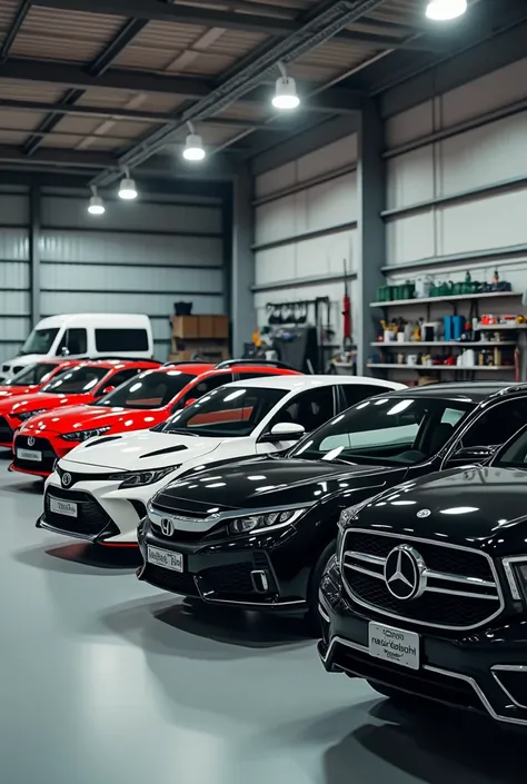 A realistic scene of a one big Garage in a cars , honda civic 10 gen ,land rover,V8 land cruiser white, Toyota fortuner, honda civic 2000 black, Toyota supra, Toyota mark x, revo Hilux black and g wagons amg 63.all car are number plate is "nasir baloch " a...