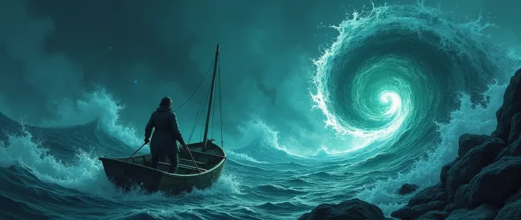  A small boat being slowly drawn into a massive animated comic swirl in the sea,  as strange flashes of light rise from the depths , revealing mysterious shapes in the shadows 