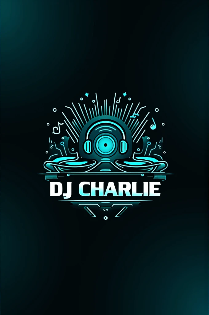  Create a logo with acetates , discs,  musical notes , and some headphones ,  that is black and turquoise blue and the logo says DJ CHARLIE