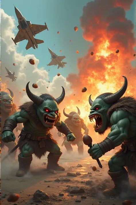 Evil skibidi toilets attacked the orcs and the battle began with explosions in the background, with acorns and F-16 fighters falling above them