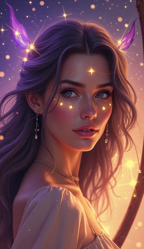 A Sagittarius-inspired mystical woman in a close-up portrait. Her bold, confident gaze glows with golden light, and her hair flows as if carried by the wind, with streaks of violet and gold. Her face features intricate star patterns and the symbol of Sagit...