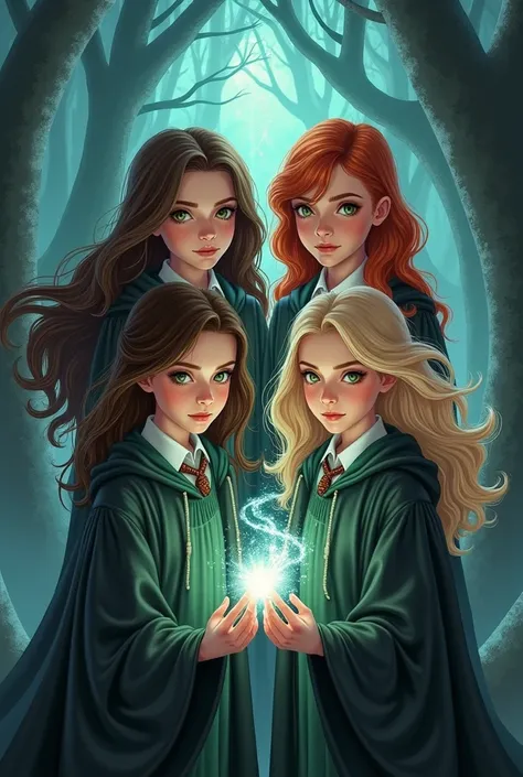  four girls organized in the shape of a diamond ,  the first with dark brown hair and brown eyes , the second redhead with black eyes , the third with light brown hair and green eyes and the fourth with blond hair and brown eyes. Harry Potter style  