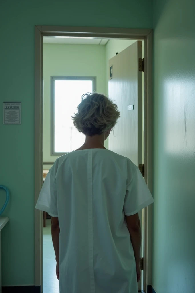 A room for psychiatric people, the door with name C.Y., a middle age woman wearing white hospital patient clothings, her back facing out. 