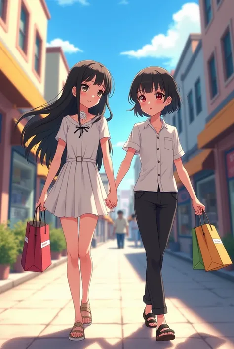 An 18-year-old anime girl who has long black hair and brown eyes wears a short white dress and walks next to a girl of the same age who has short black hair and sharp red eyes with some bandages on her face. She wears black pants and a white shirt and carr...