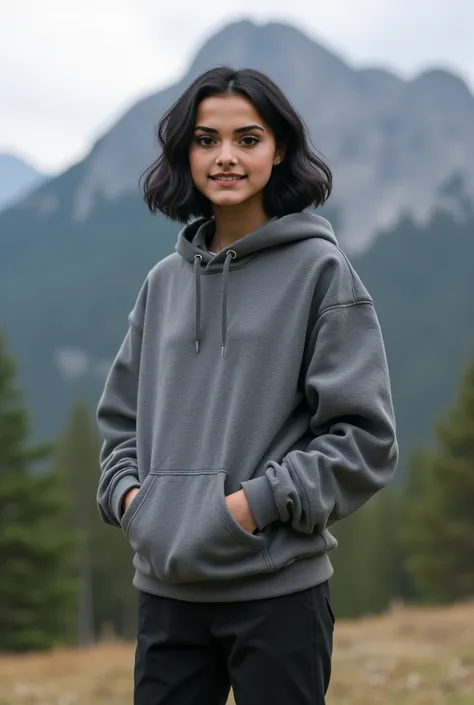 Real human photo, Fika is a young woman,.medium tall body,  shoulder length   wavy  black hair and fair skin. She has well-defined eyebrows, large black eyes, and a neutral expression on her face.  Wearing grey hoodie, black pant, white shoes, standing wit...