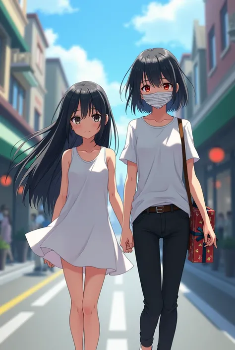 An 18-year-old anime girl who has long black hair and brown eyes wears a short white dress and walks next to a girl of the same age who has short black hair and sharp red eyes with some bandages on her face but black pants and a white shirt and carries gif...