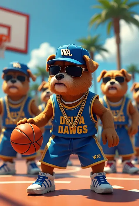 Hip hop dogs, big dogs, rapper dogs, dogs playing basketball together, sunglasses, fresh fitted hat that says "W.A.", gold chains, basketball uniforms, jerseys say "Delta Dawgs", trendy fashion, outfit is blue and white