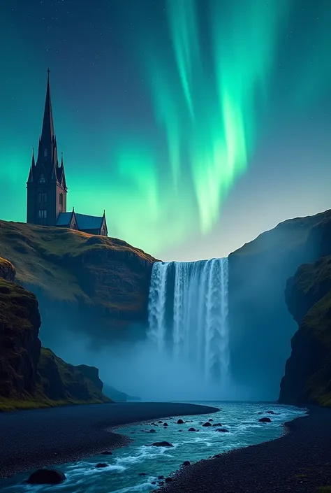 Iceland poster with aurora borealis ,  with Reykjavik church on the left, et gullfoss sur la droite et geysir en premier plan