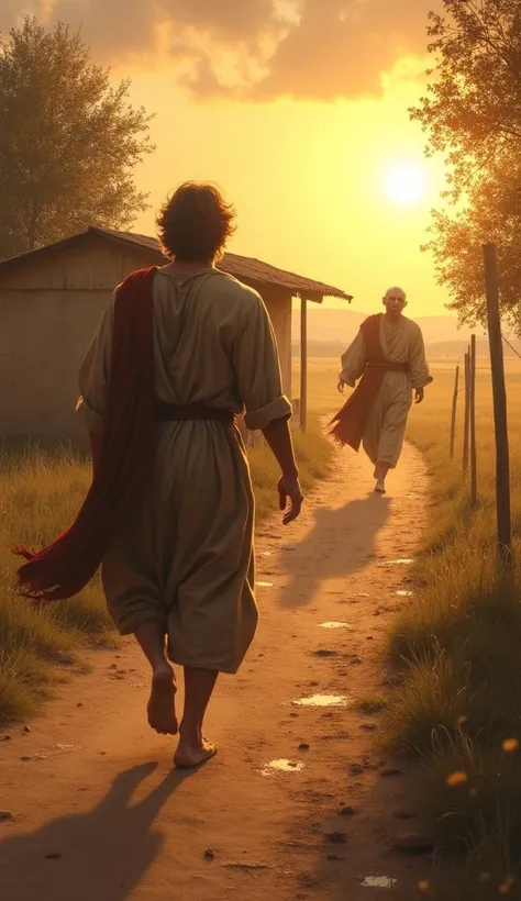 " Illustrate the parable of the Prodigal Son with an emotional scene :  a young man dressed in worn clothes and bare feet approaches , cabisbaixo,  while in the distance , an elderly father ,  with an expression of joy and tears in his eyes ,  rushes towar...