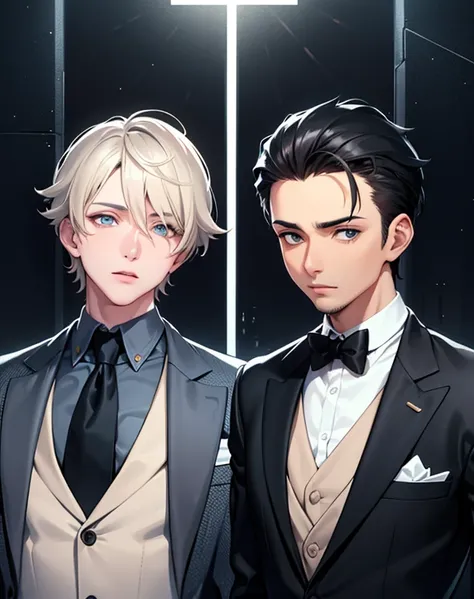 Two male protagonists，All in suits，Probably 28 years old，Background is urban style，Second Dimension，Handsome，Masterpiece，novel cover，Both of them only have upper body，Delicate face