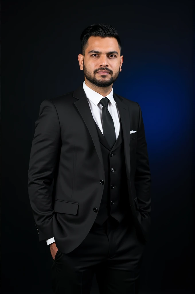 A professional man Wearing 3 piece black and white with black tie and straight posture and short beard and black background and blue light in the background The man has neat, short black hair and a well-groomed appearance. His posture is Less smiley face a...