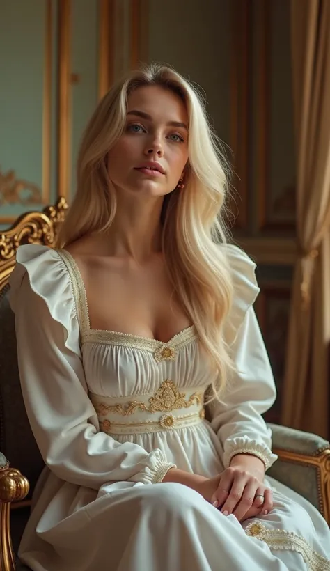  Create a realistic photo of a beautiful 18-year-old woman,  blonde with long hair and blue eyes , dressed as a nanny ,  playing seated , with a small , in a luxurious room,  whose decoration is gold .