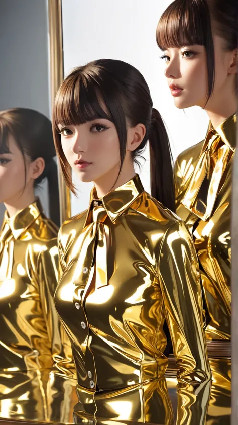 2 girls, in extremely tight shiny golden latex blouse buttoned, Necktie, shiny hair, Lens reflection, Reflected light,  ponytail, Bangs, 