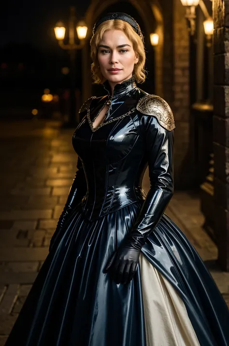 beautiful 30 year old Cersei Lannister, wearing strict Victorian latex ball gown, latex gloves, posing outdoors, nighttime Victorian train station, gorgeous hair, seductive smirk, detailed textures, sharp focus, ultra-high pixel detail, 16k RAW footage, ma...