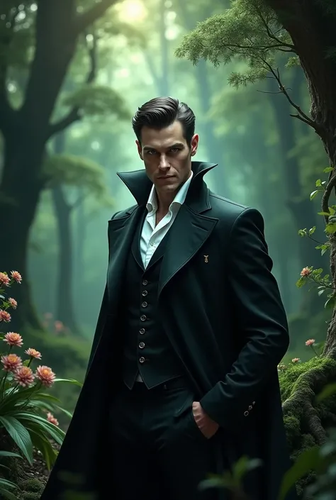 Masculine handsome vampire in beautiful forest