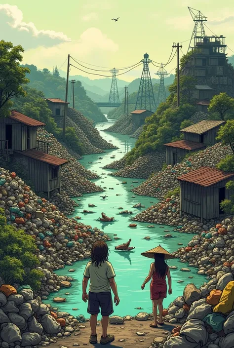 Cartoon like very dirty environment with scatters rubbish and polluted rivers with people suffering in a rural environment 