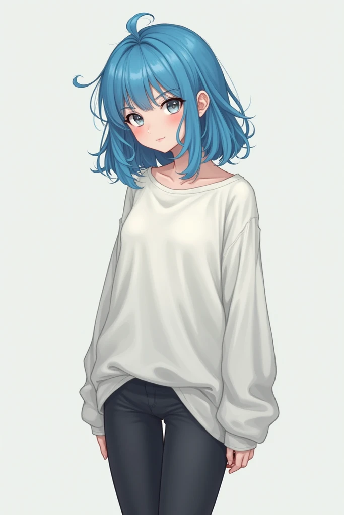  A girl with blue hair, with grey eyes,  in a big shirt , with leggings , 