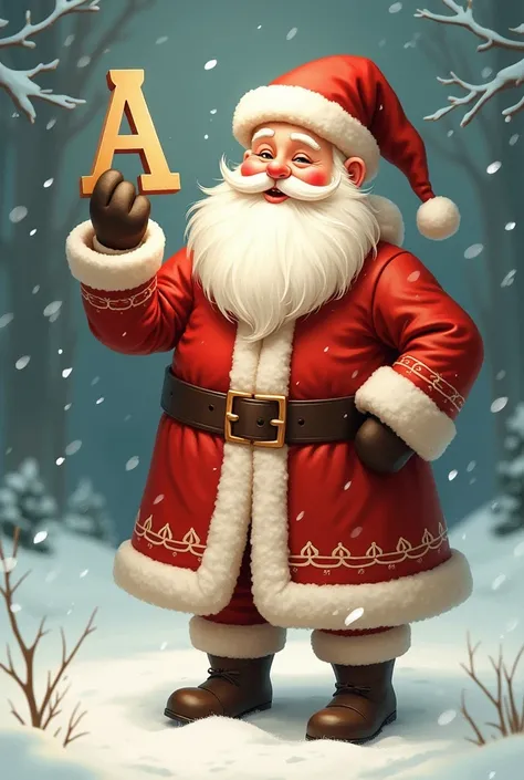 Santa Claus is holding the letter A in his hand. 