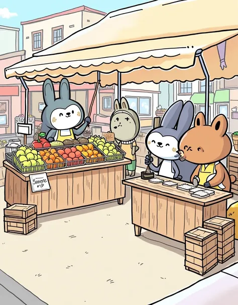 OUTLINE ( COLORLESS ) 
,  cartoon animals selling fruit 