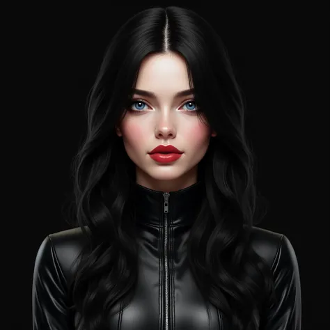  realistic drawing of a beautiful woman of unrealistic beauty with soft European features.,  long loose jet-black hair , pale white skin,  thick red lips ,  long eyelashes ,  small waist ,  wide hips and extremely detailed blue facial features .,  Beautifu...