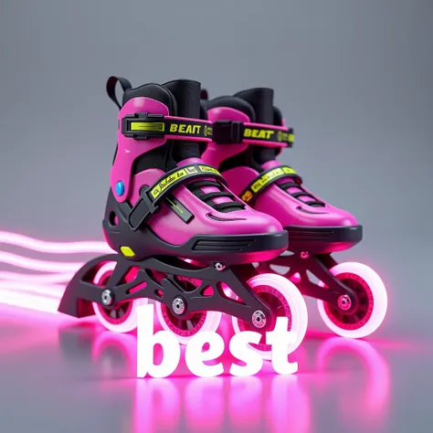  A PAIR OF INLINE SKATES THAT ROLL ON THEIR OWN LEAVING A TRAIL OF SPEED, UNDERNEATH THEM IS WRITTEN THE WORD  "best" in neon colors , THE SKATES ARE FUCHSIA WITH FLUORESCENT YELLOW AND BLACK