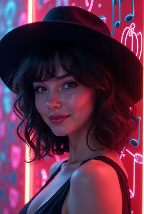  Dark brown haired woman , with a beautiful smile,  With a hat that hides the face.  Neon decorated wall background, of musical symbols  