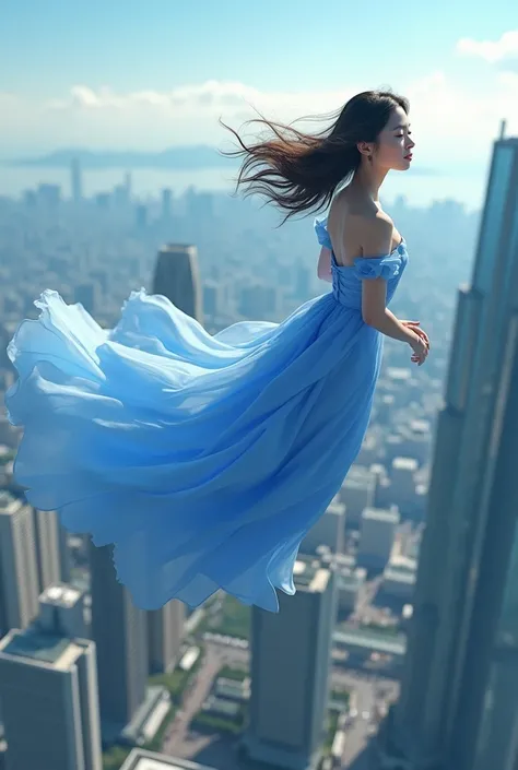 arafed woman in blue dress flying over city with skyscrapers, full of glass. cgsociety, wadim kashin. ultra realistic, inspired by Michael Komarck, ross tran 8 k, sergey kolesov, wojtek fus, octane render. by makoto shinkai, she is floating in the air, by ...