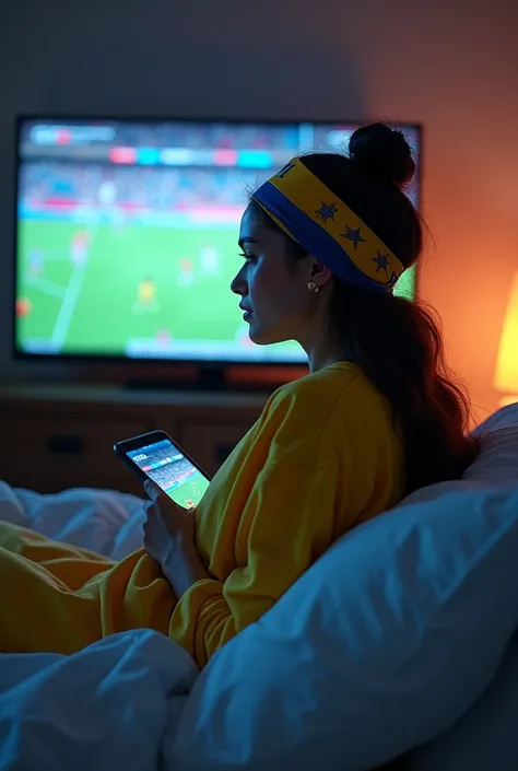 Arafed woman sitting on a bed in front of a television, in the World Cup, 🇺🇦,  wearing the headband with the number 1 , 🤠 using a 🖥, inspired by Ion Andreescu, ,  relaxing after a hard day , lucio as a woman, sitting in his room, tik tok videos, colombian,...