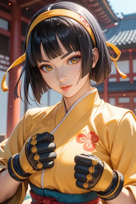 Female Fighter、 Kung Fu Master、Realistic、 anatomically correct、 upper body up 、front、 bob cut 、Yellow、 headband、 arm cover、 black hair、((hanbok))、gloves